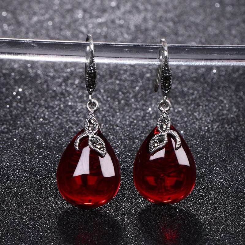 EVER FAITH 925 Sterling Silver Red Created Chalcedony Crystal Retro Black Leaf Teardrop Hook Earrings Birthday/Mothers Day/Valentines/Christmas Jewelry Gift for Women - Image 5